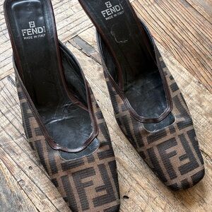Fendi Brown and Dark Brown Zucca Logo Leather-Trim Mule Slide